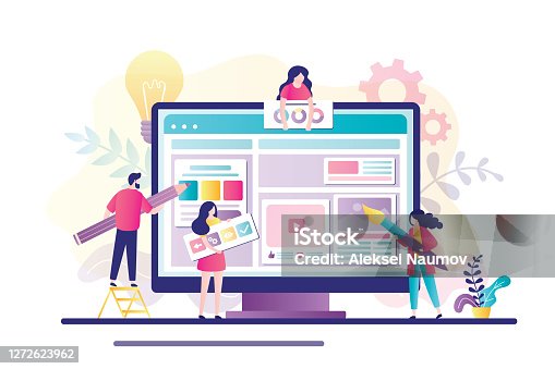 istock Website development concept. Group of developers and designers create website. Teamwork, creation of an online store or blog. 1272623962