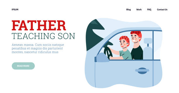Website interface with father teaching his son, cartoon vector illustration. Website with father teaching his son, cartoon vector illustration. Landing page interface announcing father and son bonding joint activity and leisure. teen driving stock illustrations