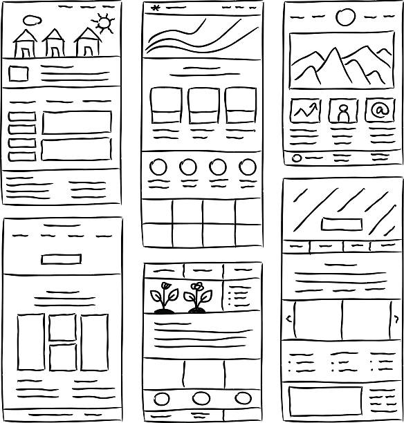 Website Layout Doodles Hand drawn website layouts. doodle style design website wireframe stock illustrations
