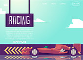 Website page banner template for car racing with cars standing on start, flat vector illustration. Speed automobile race competition landing page interface.
