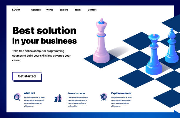 Website providing the service of best solution in your business Website providing the service of best solution in your business. Concept of a landing page for best solution in your business. Vector website template with 3d isometric illustration of a chess chess stock illustrations