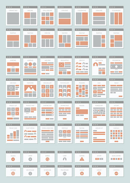 Website sitemaps flat icons set Flat design style modern vector icons set of various website sitemap collection for creating flowchart navigation of web site architecture and prototyping site maps structure and interactions. Isolated on light-gray background website wireframe stock illustrations
