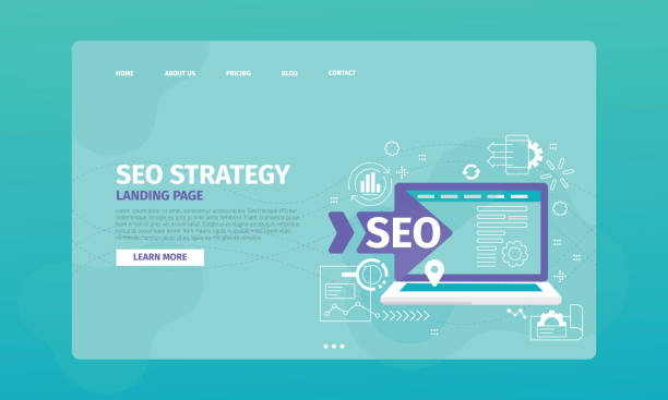 Website template for SEO marketing. SEO strategy with a big computer and arrow as the main element vector art illustration