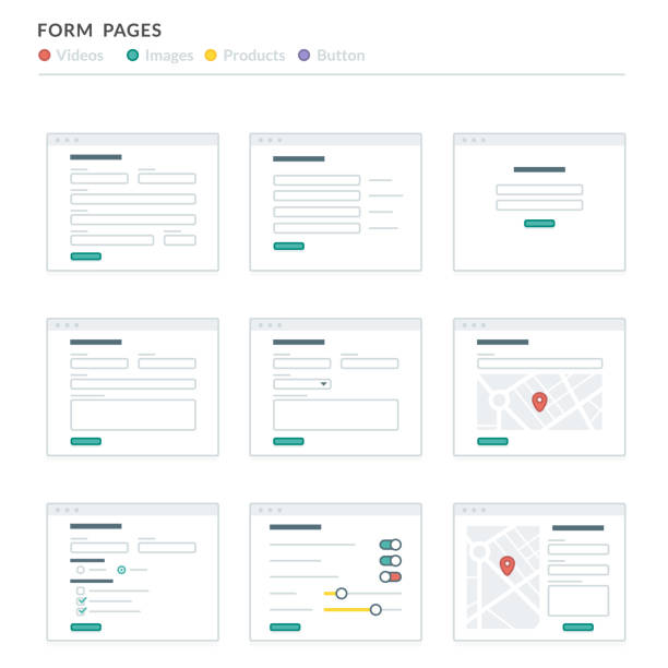 Website Wireframe Layouts UI Kits for Site map and Ux Design Website Wireframe Layouts UI Kits for Site map and Ux Design website wireframe stock illustrations