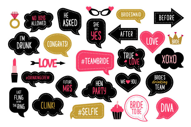 Wedding and bachelorette party photo booth props set Wedding and bachelorette party photo booth props set. Bridal shower photobooth props. Vector speech bubbles with hen night quotes - team bride, bridesmaid, she said yes. arrow symbol photos stock illustrations