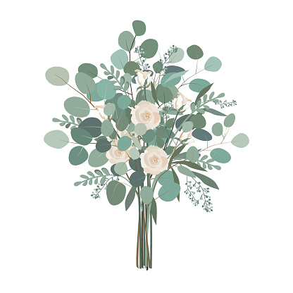 Wedding bouquet with rose flowers, seeded and silver dollar eucalyptus greenery. Vector illustration