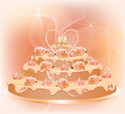 Wedding cake with roses, cream, pearls, floral pattern and hand-bells