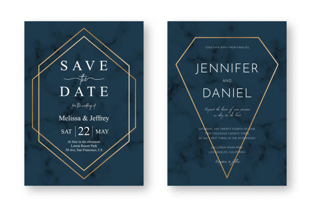 Wedding card design with golden frames and marble texture. Save the date. Wedding invitation and announcement design template Wedding card design with golden frames and marble texture. Save the date. Wedding invitation and announcement design template with geometric patterns and luxury background. Vector wedding invitation stock illustrations