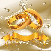 Wedding card with gold rings, silk banner and diamond jewelry. Files include: Illustrator CS5, Illustrator 8.0 eps, SVG 1.1, pdf 1.5, JPEG 300 dpi, organized by layers,easy to edit.