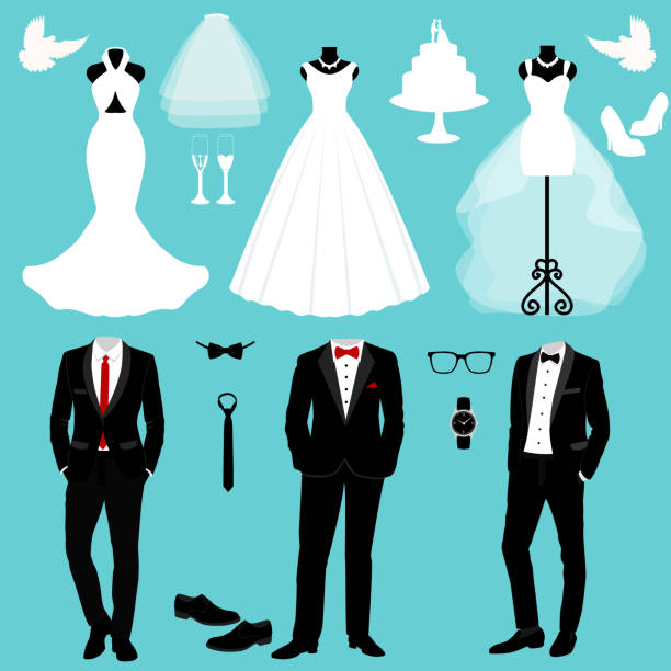 stockillustraties, clipart, cartoons en iconen met bruiloft kaart met de kleding van de bruid en de bruidegom. - smoking