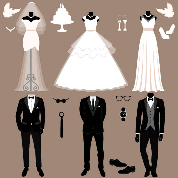 Wedding card with the clothes of the bride and groom. Wedding set. Wedding card with the clothes of the bride and groom. Wedding set. A set of wedding clothes. Beautiful wedding dress and tuxedo. Vector illustration. bride stock illustrations