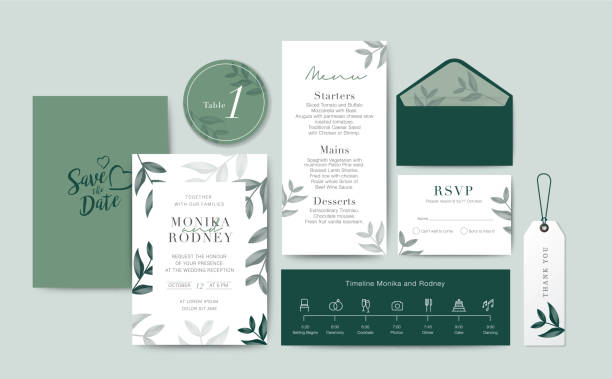 276 - Wedding Card-final Set of Wedding Card template Background. For Invitation, menu, rsve, thank you, Decoration with leaf & floral flower watercolor style. Timeline with icon thin style. Vector illustration. wedding drawings stock illustrations