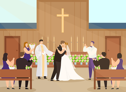 Wedding ceremony in church vector illustration, cartoon happy couple characters getting married and kissing in chapel interior background
