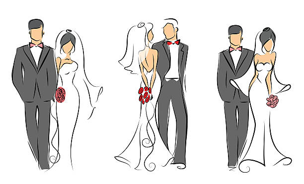 Wedding couples in love Set of wedding groom and bride, vector illustration for wedding invitations and cards bride stock illustrations