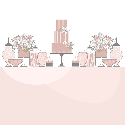 Wedding dessert bar with cake.  Vector illustration.