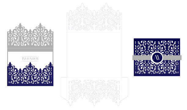 Wedding elegant invitation card packaging template. Mockup for laser cutting. Vector royal envelope. Classic navy blue isolated on a background. Decorative damask invite cut out. Lace for princess cameo brooch stock illustrations