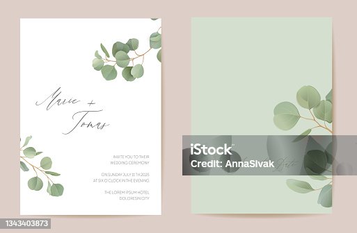 istock Wedding eucalyptus, green leaf branches floral Save the Date set. Vector realistic leaves greenery boho invitation card. Watercolor template frame, foliage cover, modern poster, trendy design 1343403873