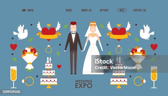 istock Wedding expo website design, vector illustration. Landing page template with symbols and icons of love in simple flat style. Abstract newlywed couple figures 1209129335