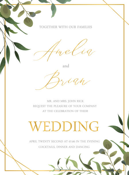 Wedding floral golden invitation card save the date design with green tropical leaf Wedding floral golden invitation card save the date design with green tropical leaf herbs eucalyptus wreath and frame. Botanical elegant decorative vector template watercolor style wedding borders stock illustrations