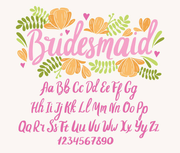 Wedding font. Typography alphabet with colorful romantic illustrations. Wedding font. Typography alphabet with colorful romantic illustrations. Handwritten script for party celebration and crafty design. Vector with hand-drawn lettering. svg stock illustrations