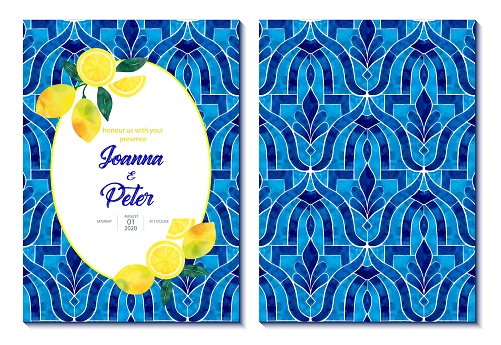 Wedding Invitation Card Design with Fresh Lemons and Navy Blue Mediterranean Tiles. Wedding Concept, Design Element.