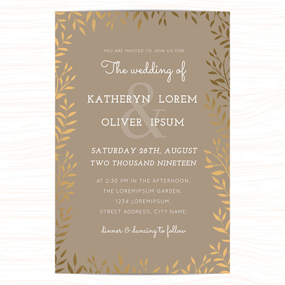 Wedding invitation card template with golden flower floral leaf.