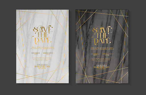 Wedding invitation design template set with Save the Date typography design on marble texture with gold line art