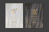 Vector illustration of a group of Wedding invitation design template with Save the Date typography design on marble texture with gold line art. Easy to edit. EPS 10.