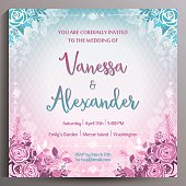 Romantic Wedding Invitation. Floral square card, size is 14.5x14.5 cm.
