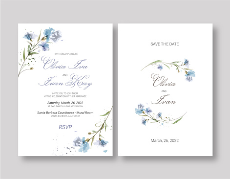 Wedding invitation in watercolor technique with blue flowers.