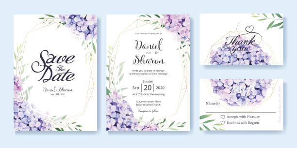 Wedding Invitation, save the date, thank you, RSVP card Design template. hydrangea flowers, olive leaves. Watercolor style. Wedding Invitation, save the date, thank you, RSVP card Design template. Vector. hydrangea flowers, olive leaves. Watercolor style. hydrangea stock illustrations