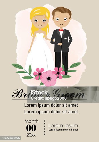istock Wedding invitation template. Groom and bride arm in arm. isolated vector 1365340856