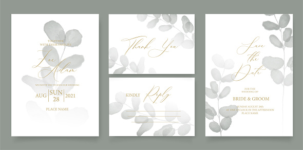 Wedding invitation template, with watercolor eucalyptus, green leaves, brunches, and handmade calligraphy.