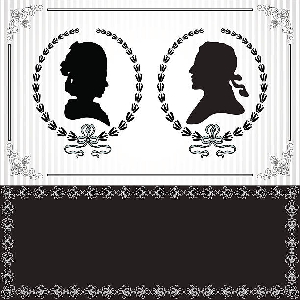 Wedding invitation Wedding invitation with black silhouettes of lady and gentleman cameo brooch stock illustrations
