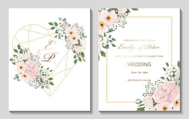 ilustrações, clipart, desenhos animados e ícones de convite do casamento com flores peony e folhas, aguarela, isolada no branco. - convite