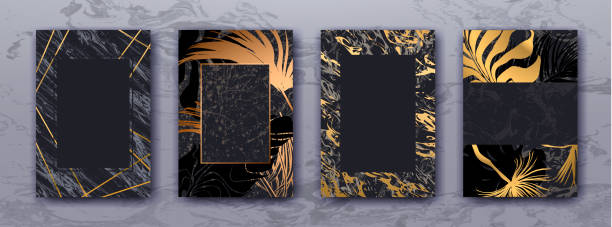 Wedding invitation with Gold palm leaves, black marble template. Wedding invitation with Gold palm leaves, black, white marble template, artistic covers design, colorful texture, leaf backgrounds. Trendy pattern, graphic gold brochure. Luxury Vector illustration. copper texture stock illustrations