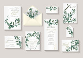 Wedding invitation with leaves eucalyptus, watercolor, isolated on white. Vector Watercolour.