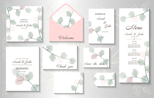 Wedding invitation with leaves eucalyptus,isolated on white.