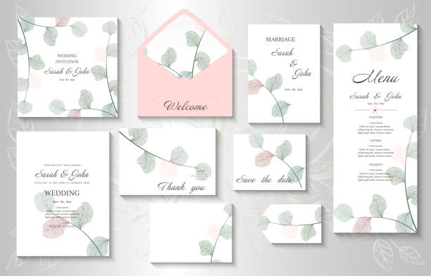 Wedding invitation with leaves eucalyptus,isolated on white. Wedding invitation with leaves eucalyptus,isolated on white. Vector wedding invitation stock illustrations