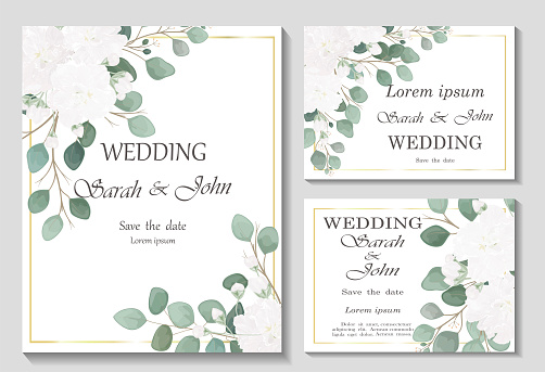 Wedding invitation with rose flowers and leaves isolated on white.