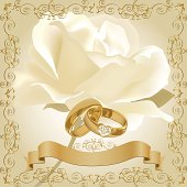 Wedding invitation with white rose and gold rings with diamonds. Files include: Illustrator CS5, Illustrator 8.0 eps, SVG 1.1, pdf 1.5, JPEG 300 dpi, organized by layers,easy to edit.