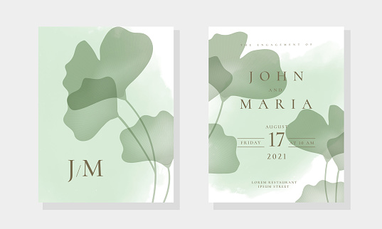 Wedding invite card with realistic transparent Ginkgo leaves and watercolor blot