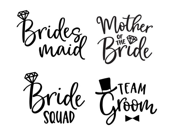 Wedding lettering set. Black hand lettered quotes with diamond rings for greeting cards, gift tags, labels. Typography collection. Love concept. Isolated vector illustrations. Broom and bride design. Wedding lettering set. Black hand lettered quotes with diamond rings for greeting cards, gift tags, labels. Typography collection. Love concept. Isolated vector illustrations. Broom and bride design. bride stock illustrations