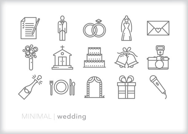 Wedding line icon set Set of 15 wedding line icons for the celebration of a new marriage, including bride, groom, church, rings, invitation, bouquet, wedding cake, bells, camera, champagne, table setting, pergola arch, registry gift and microphone wedding symbols stock illustrations