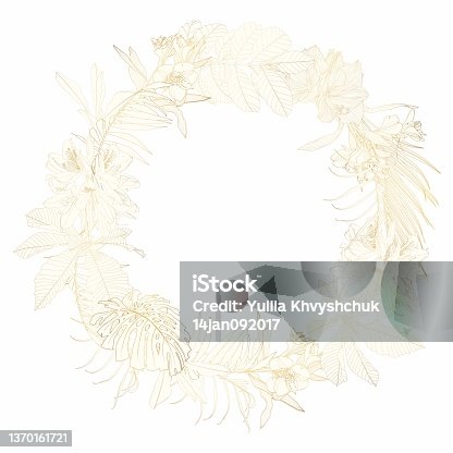 istock Wedding mariage event invitation wreath card template. Circle ring round wreath border frame with flowers bloom blossom. Luxury shiny golden style. Text placeholder. 1370161721