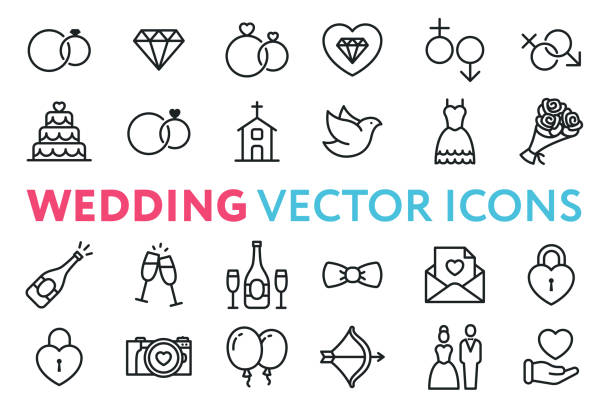 Wedding, Marriage, Engagement, Bridal Flat Line Vector Icon Set. Valentine Day. Love, Heart, Bride, Groom, Wife, Husband. Rings, Cake, Chapel, Dove, Dress, Bouquet, Champagne, Invitation. Wedding, Marriage, Engagement, Bridal Flat Line Vector Icon Set. Valentine Day. Love, Heart, Bride, Groom, Wife, Husband. Rings, Cake, Chapel, Dove, Dress, Bouquet, Champagne, Invitation. wedding symbols stock illustrations