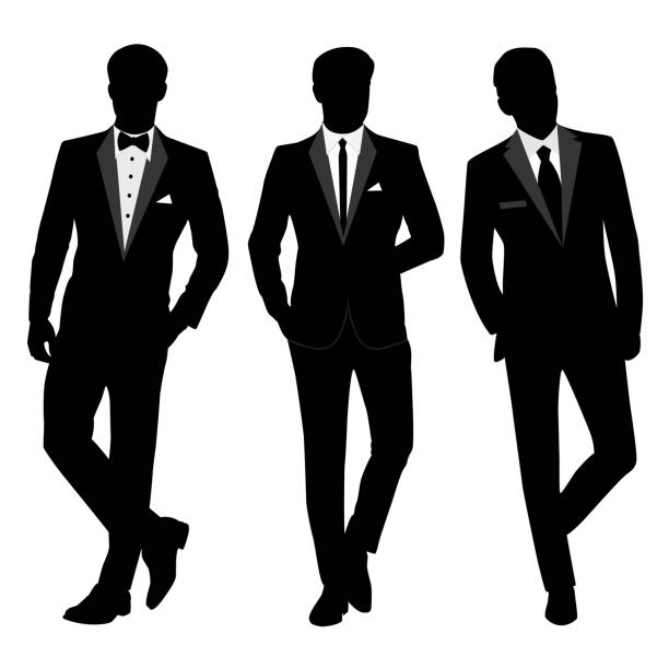 Wedding men's suit and tuxedo. Collection. Wedding men's suit and tuxedo. Collection. The groom. Vector illustration. wedding silhouettes stock illustrations