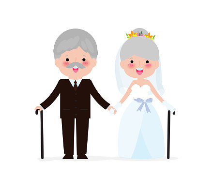 Wedding of elderly people concept. Senior man and woman in love.  Cute old couple valentine day. Golden wedding  isolated on white background Vector Illustration.