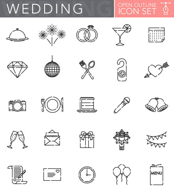Wedding Open Outline Icon Set A group of 25 ‘open outline’ thin line icons. File is built in the CMYK color space for optimal printing. Icons are grouped and easy to isolate. champagne clipart stock illustrations