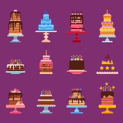 Wedding or Birthday pie cakes flat sweets dessert bakery ceremony delicious vector illustration